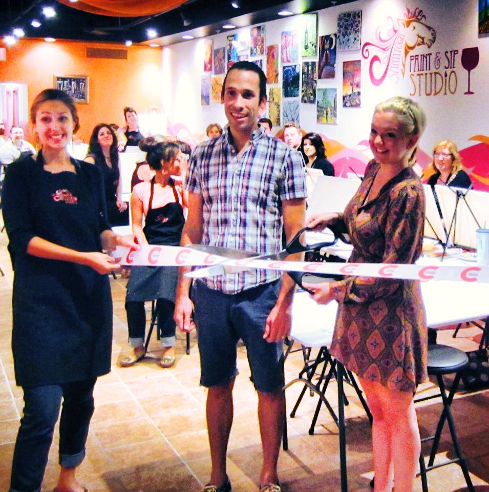 Saratoga, Latham & Burlington Paint & Sip owners, Mark & Catherine, at a ribbon cutting ceremony for one of their paint & sip locations